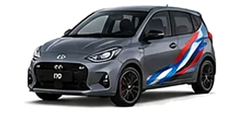 Hyundai i10 in Ecotronic Grey with Hyundai N-inspired vinyl graphics, front three-quarter view on a white background.