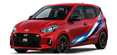 Hyundai i10 in Ultimate Red with Hyundai N-inspired vinyl graphics, front three-quarter view on a white background.