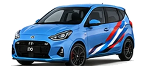 Hyundai i10 in Performance Blue with Hyundai N-inspired vinyl graphics, front three-quarter view on a white background.