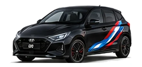 Hyundai i20 in Abyss Black with Hyundai N-inspired vinyl graphics, front three-quarter view on a white background.