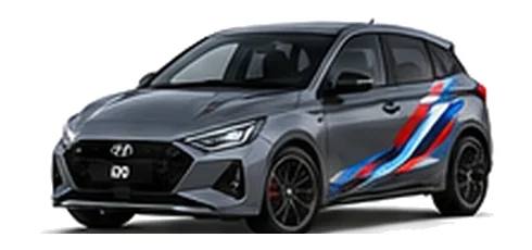 Hyundai i20 in Ecotronic Grey with Hyundai N-inspired vinyl graphics, front three-quarter view on a white background.