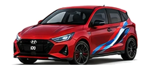 Hyundai i20 in Ultimate Red with Hyundai N-inspired vinyl graphics, front three-quarter view on a white background.