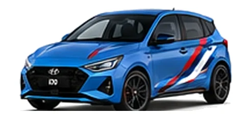 Hyundai i20 in Performance Blue with Hyundai N-inspired vinyl graphics, front three-quarter view on a white background.