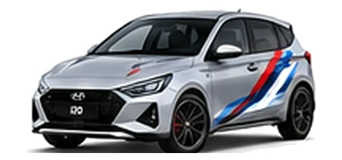 Hyundai i20 in Shimmering Silver with Hyundai N-inspired vinyl graphics, front three-quarter view on a white background.