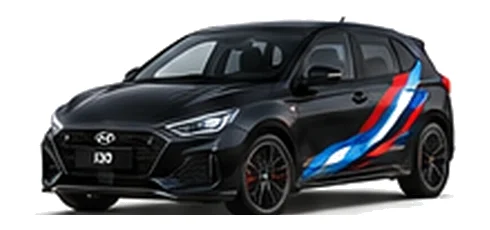 Hyundai i30 in Abyss Black with Hyundai N-inspired vinyl graphics, front three-quarter view on a white background.