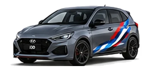 Hyundai i30 in Ecotronic Grey with Hyundai N-inspired vinyl graphics, front three-quarter view on a white background.
