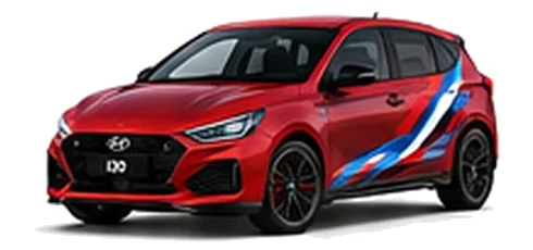 Hyundai i30 in Ultimate Red with Hyundai N-inspired vinyl graphics, front three-quarter view on a white background.