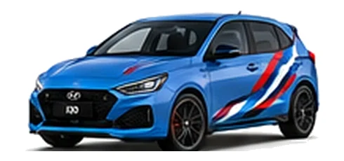 Hyundai i30 in Performance Blue with Hyundai N-inspired vinyl graphics, front three-quarter view on a white background.