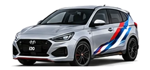 Hyundai i30 in Shimmering Silver with Hyundai N-inspired vinyl graphics, front three-quarter view on a white background.