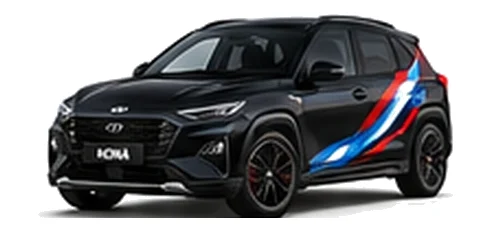 Hyundai Kona in Abyss Black with Hyundai N-inspired vinyl graphics, front three-quarter view on a white background.