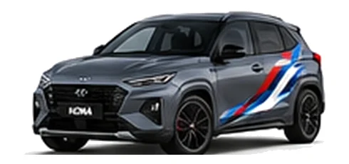 Hyundai Kona in Ecotronic Grey with Hyundai N-inspired vinyl graphics, front three-quarter view on a white background.