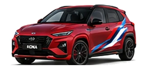 Hyundai Kona in Ultimate Red with Hyundai N-inspired vinyl graphics, front three-quarter view on a white background.