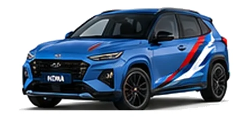 Hyundai Kona in Performance Blue with Hyundai N-inspired vinyl graphics, front three-quarter view on a white background.
