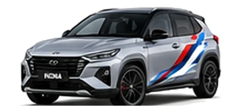Hyundai Kona in Shimmering Silver with Hyundai N-inspired vinyl graphics, front three-quarter view on a white background.