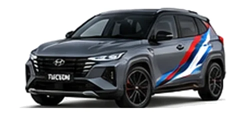 Hyundai Tucson in Ecotronic Grey with Hyundai N-inspired vinyl graphics, front three-quarter view on a white background.