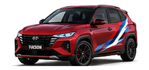 Hyundai Tucson in Ultimate Red with Hyundai N-inspired vinyl graphics, front three-quarter view on a white background.