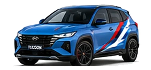 Hyundai Tucson in Performance Blue with Hyundai N-inspired vinyl graphics, front three-quarter view on a white background.