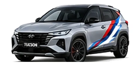 Hyundai Tucson in Shimmering Silver with Hyundai N-inspired vinyl graphics, front three-quarter view on a white background.