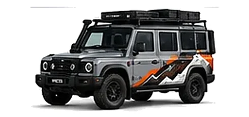 INEOS Fieldmaster in Sterling Grey with custom vinyl graphics, front three-quarter view.