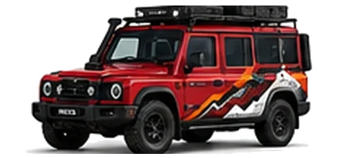 INEOS Fieldmaster in Devil Red with custom vinyl graphics, front three-quarter view.
