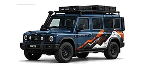 INEOS Fieldmaster in Eldoret Blue with custom vinyl graphics, front three-quarter view.