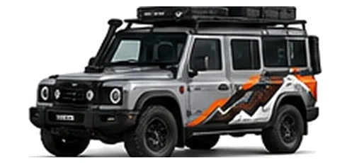 INEOS Fieldmaster in Silver Quartz with custom vinyl graphics, front three-quarter view.
