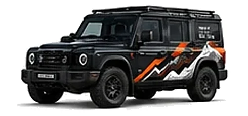 INEOS Grenadier in Inky Black with custom vinyl graphics, front three-quarter view.