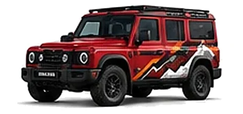 INEOS Grenadier in Devil Red with custom vinyl graphics, front three-quarter view.