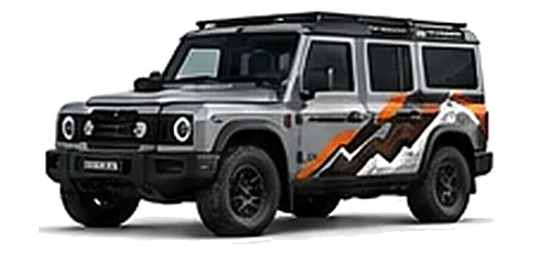 INEOS Grenadier in Silver Quartz with custom vinyl graphics, front three-quarter view.