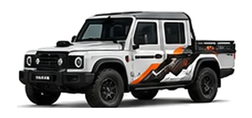 INEOS Quartermaster in Scottish White with utility adventure vinyl graphics, front three-quarter view on a white background.