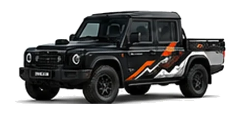 INEOS Quartermaster in Inky Black with utility adventure vinyl graphics, front three-quarter view on a white background.