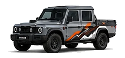 INEOS Quartermaster in Sterling Grey with custom vinyl graphics, front three-quarter view.