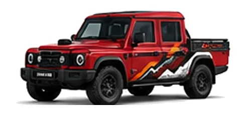 INEOS Quartermaster in Devil Red with custom vinyl graphics, front three-quarter view.