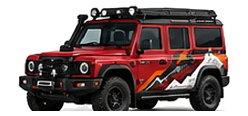 INEOS Trialmaster in Devil Red with custom vinyl graphics, front three-quarter view.