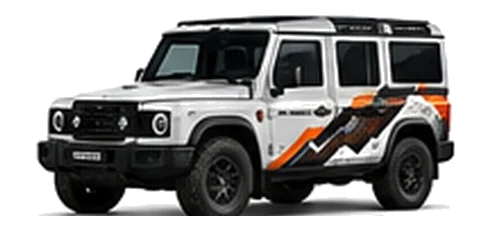INEOS Utility Wagon in Scottish White with utility adventure vinyl graphics, front three-quarter view on a white background.