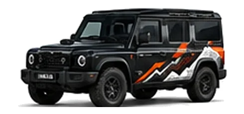 INEOS Utility Wagon in Inky Black with utility adventure vinyl graphics, front three-quarter view on a white background.