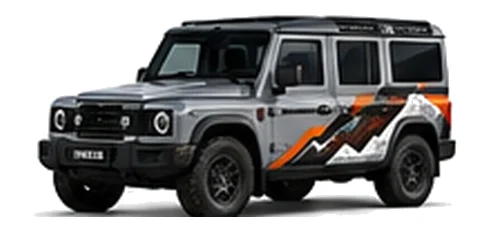 INEOS Utility Wagon in Sterling Grey with custom vinyl graphics, front three-quarter view.