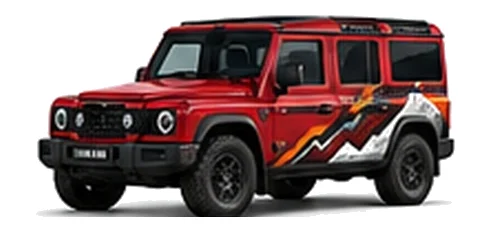 INEOS Utility Wagon in Devil Red with custom vinyl graphics, front three-quarter view.