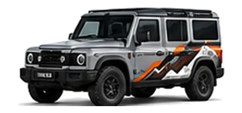 INEOS Utility Wagon in Silver Quartz with custom vinyl graphics, front three-quarter view.