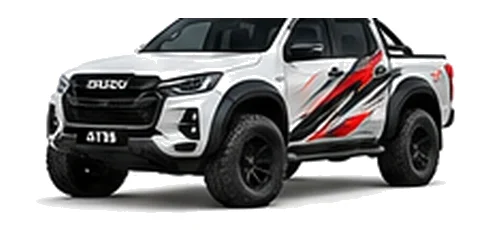 Isuzu Arctic Trucks AT35 in Splash White with pickup truck vinyl graphics, front three-quarter view on a white background.