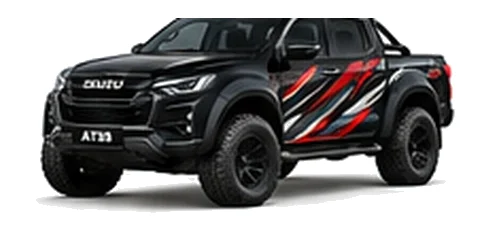 Isuzu Arctic Trucks AT35 in Obsidian Black with custom vinyl graphics, front three-quarter view.