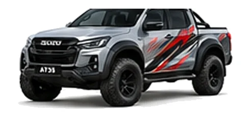 Isuzu Arctic Trucks AT35 in Mercury Silver with pickup truck vinyl graphics, front three-quarter view on a white background.
