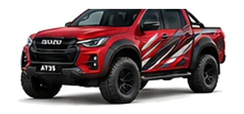 Isuzu Arctic Trucks AT35 in Spinel Red with custom vinyl graphics, front three-quarter view.