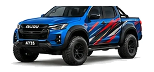 Isuzu Arctic Trucks AT35 in Sapphire Blue with custom vinyl graphics, front three-quarter view.