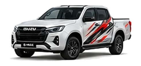 Isuzu D-Max in Splash White with pickup truck vinyl graphics, front three-quarter view on a white background.