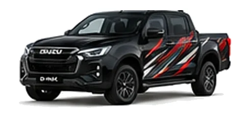 Isuzu D-Max in Obsidian Black with custom vinyl graphics, front three-quarter view.