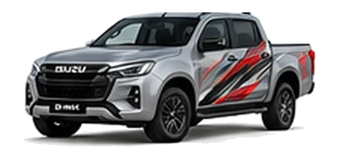 Isuzu D-Max in Mercury Silver with pickup truck vinyl graphics, front three-quarter view on a white background.