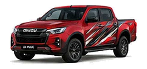 Isuzu D-Max in Spinel Red with custom vinyl graphics, front three-quarter view.