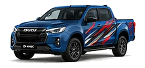 Isuzu D-Max in Sapphire Blue with custom vinyl graphics, front three-quarter view.