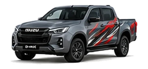 Isuzu D-Max in Dolomite Grey with custom vinyl graphics, front three-quarter view.